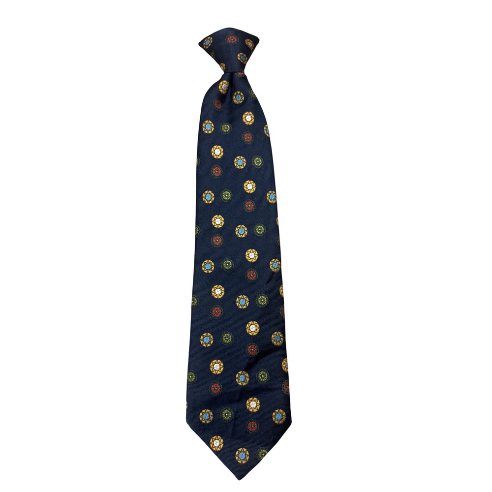Vintage JCPenney Snapper Clip On Tie Navy Blue Geometric Medallion Pattern Mens